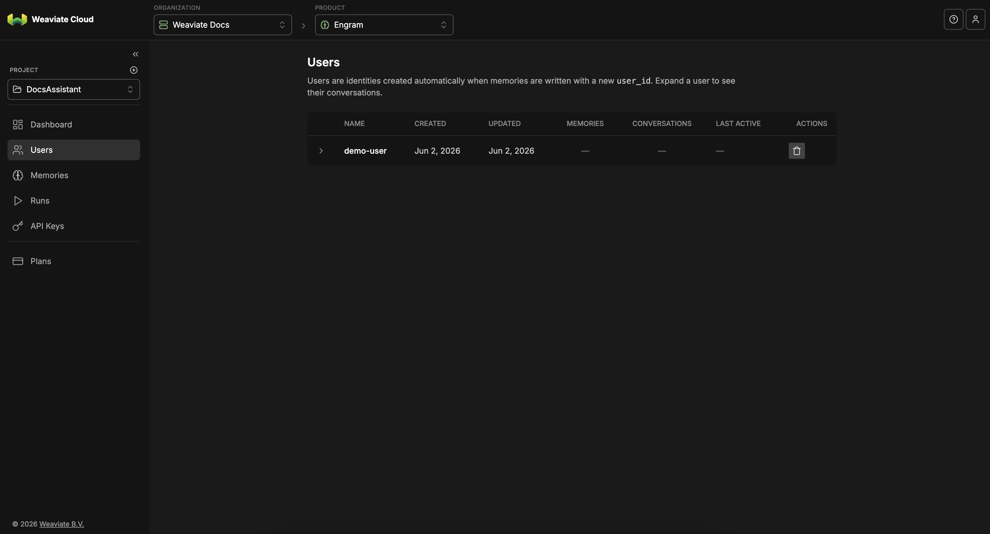 Engram console users page
