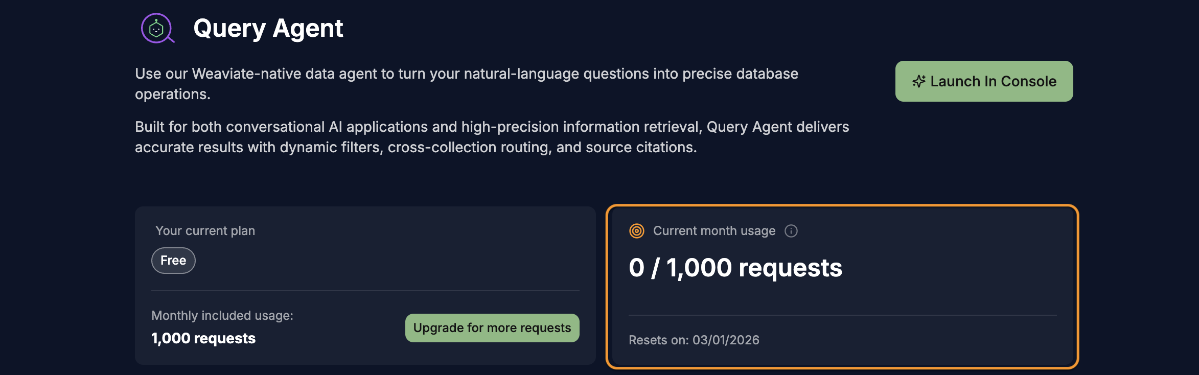 Weaviate Cloud Console Query Agent Usage