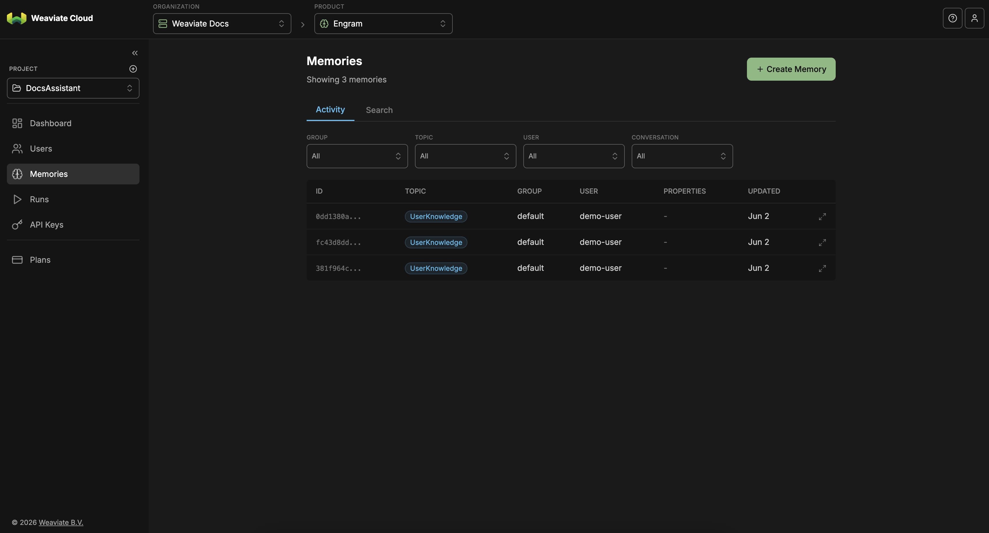 Engram console memories page