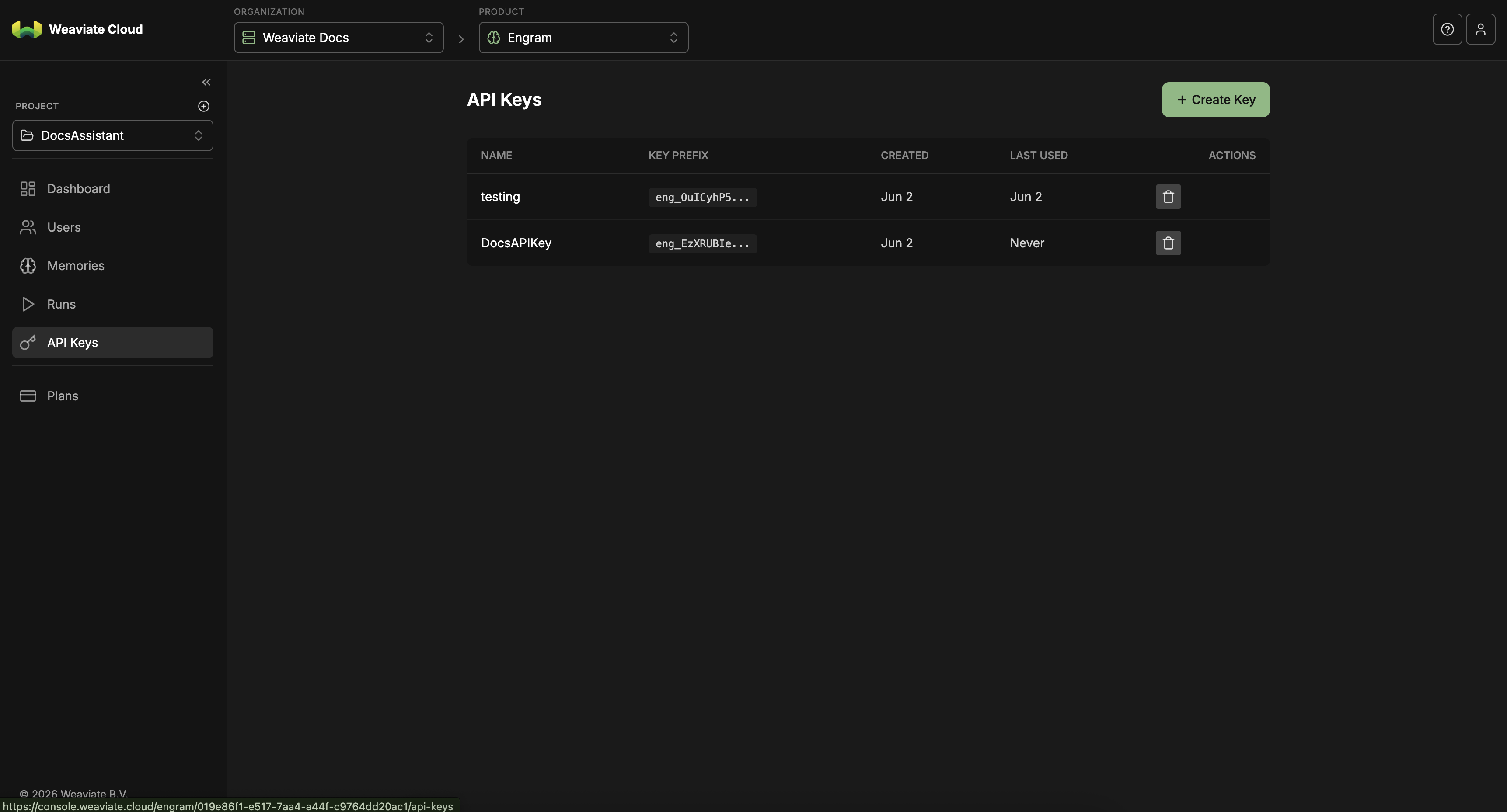 Engram console API keys page