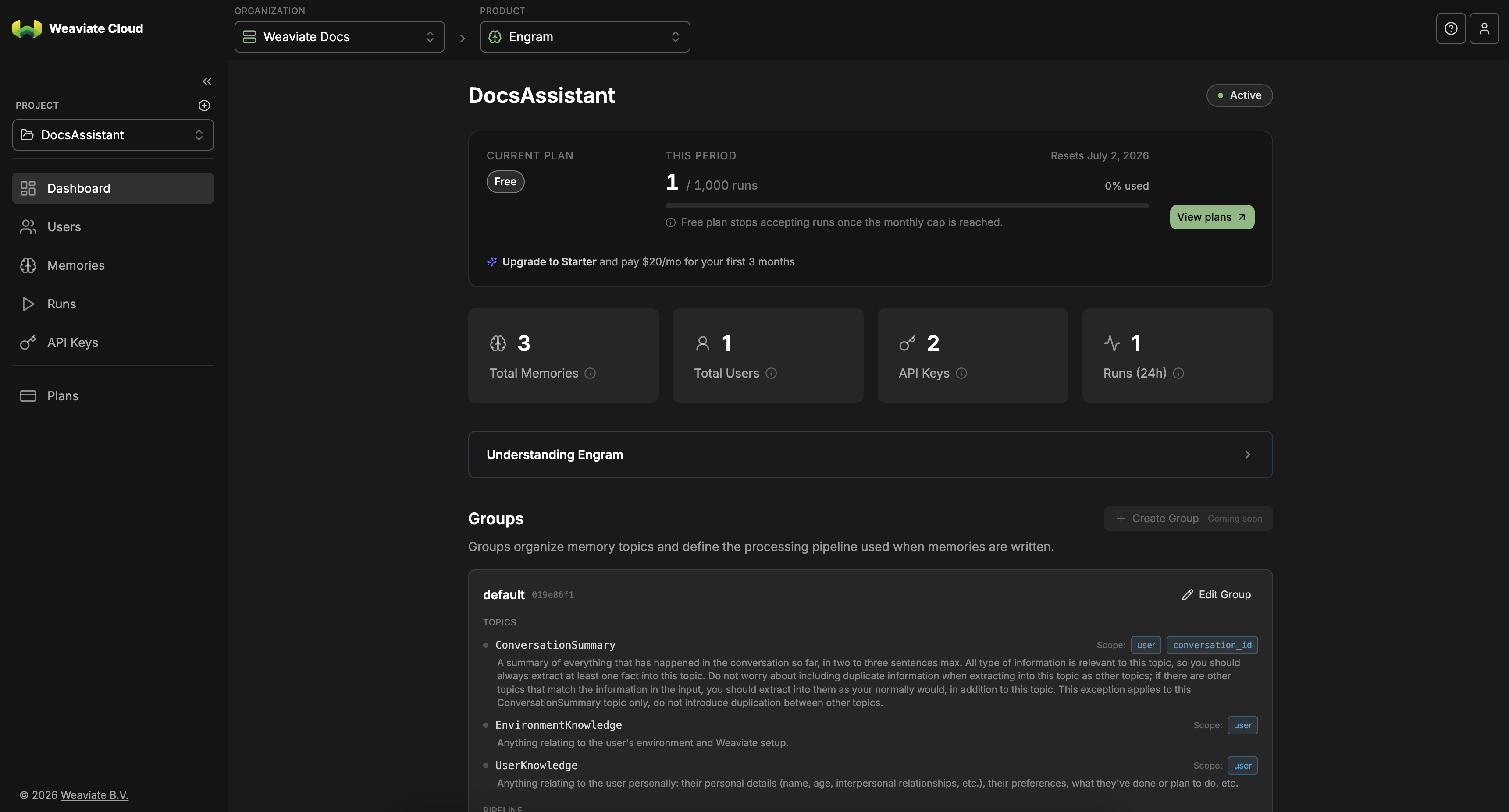 Engram console dashboard
