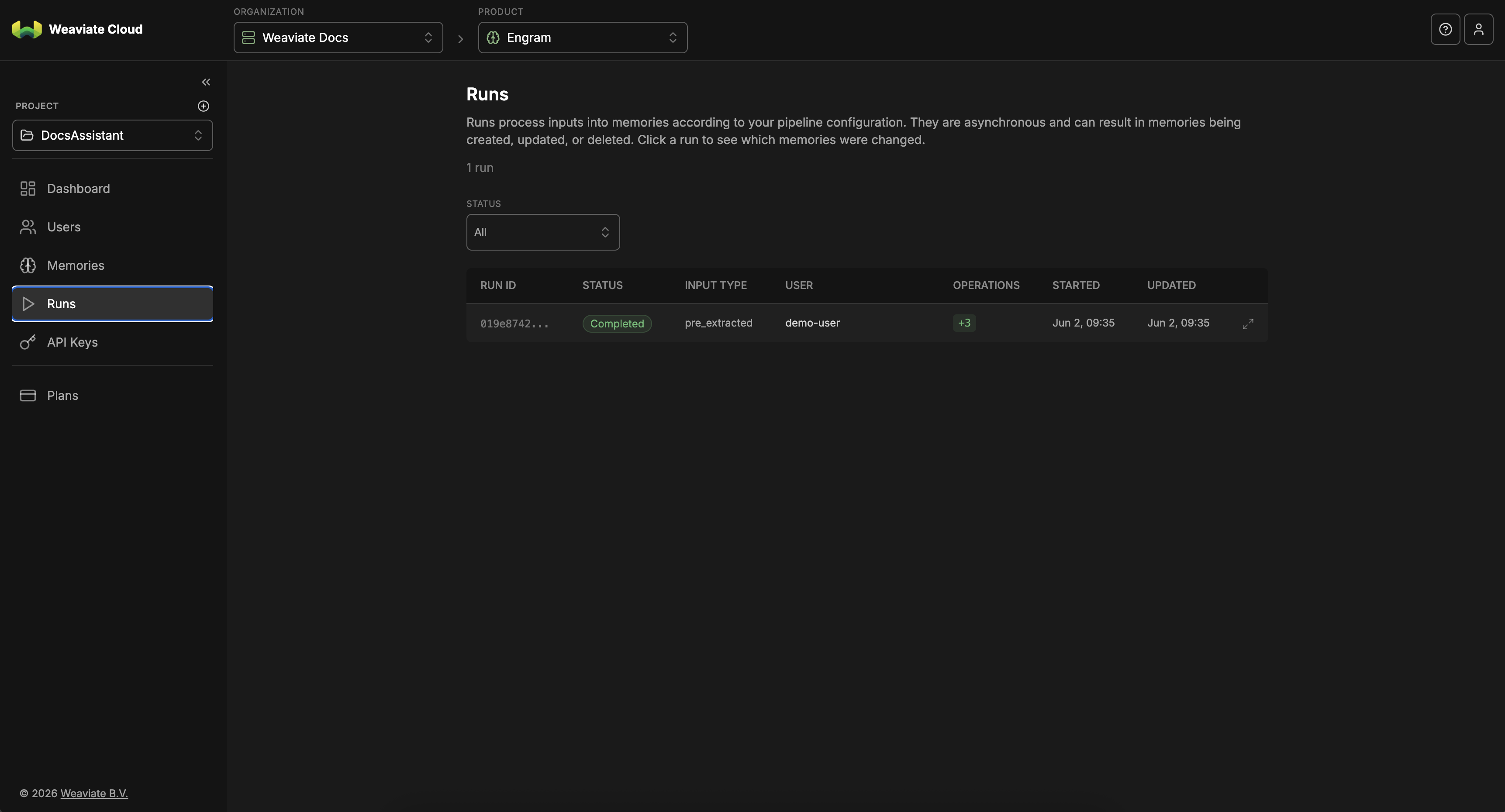Engram console runs page